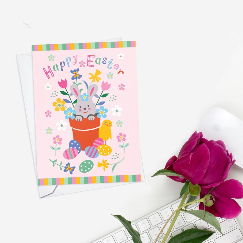 Bright Floral Easter Bunny Card in Pink, Cute Bunny in the Flower Pot image 6