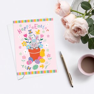Bright Floral Easter Bunny Card in Pink, Cute Bunny in the Flower Pot image 5