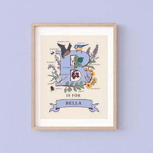 Impressão personalizada da letra B, arte de parede com a inicial B, ilustração do monograma do guia da natureza