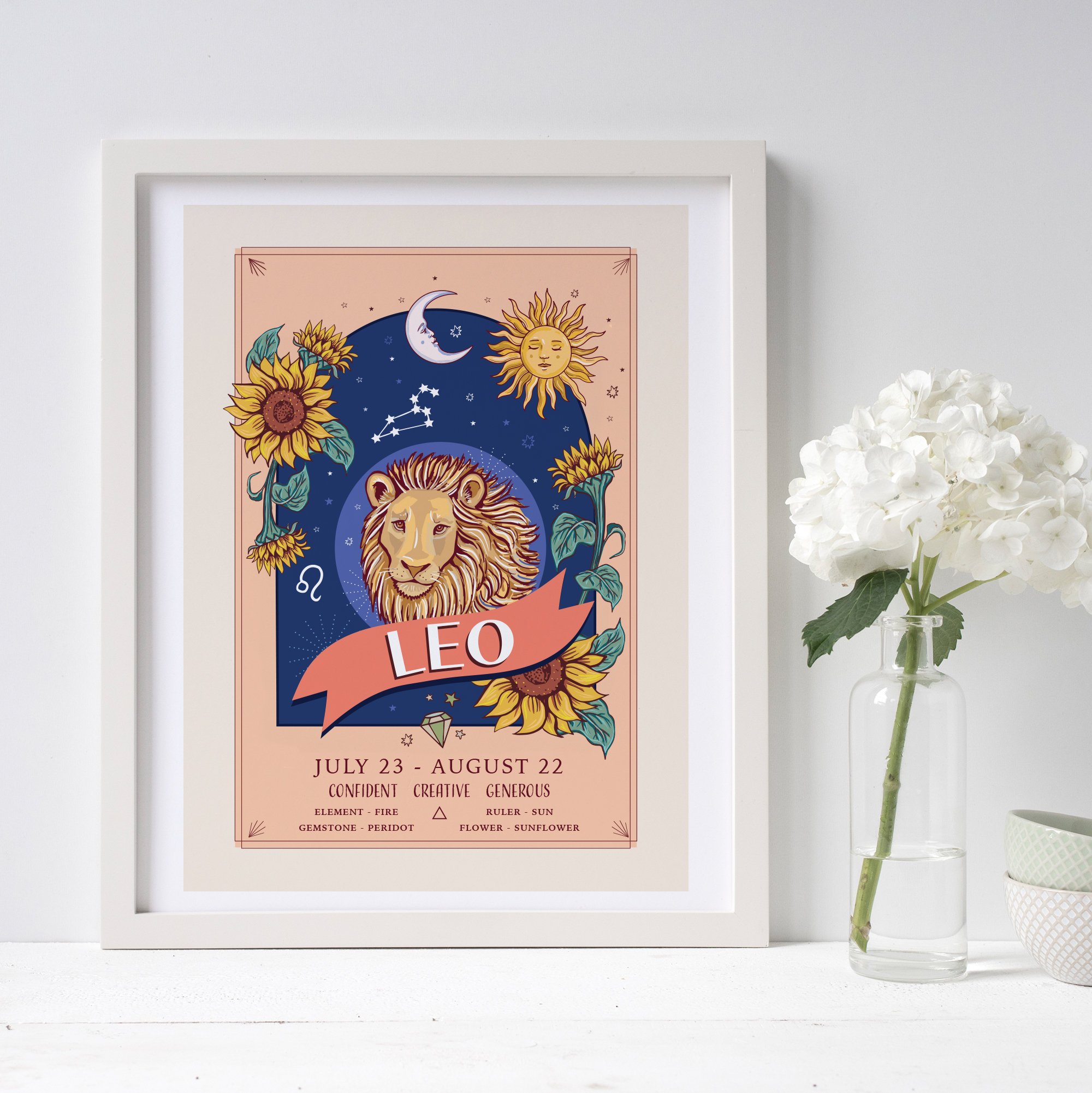 Leo Wall Art Print, Zodiac Sign and Flowers Illustration Print - Etsy