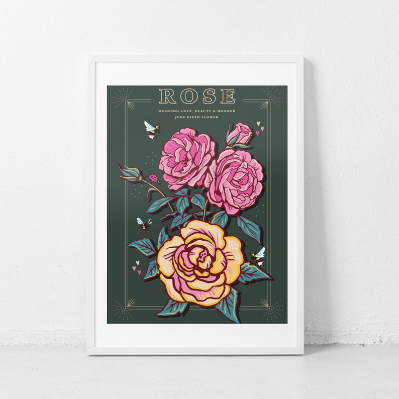 Rose Wall Art Print June Birth Flower Illustration Print | Etsy