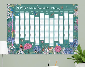 2026 Wall Planner: Flowers & Garden Birds - A2 Year View Calendar
