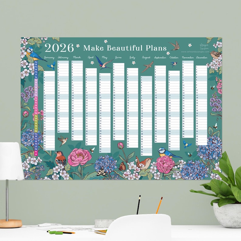 2026 Wall Planner: Flowers & Garden Birds - A2 Year View Calendar image 1