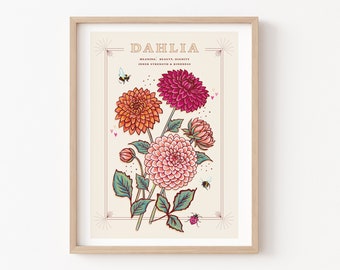 Dahlia Wall Art Print, Flower Meaning Illustration Print