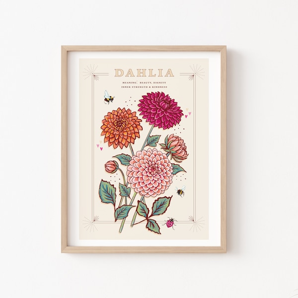 Dahlia Wall Art Print, Flower Meaning Illustration Print