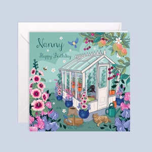 Happy Birthday Nanny Card, bright floral, cats in the greenhouse card image 2