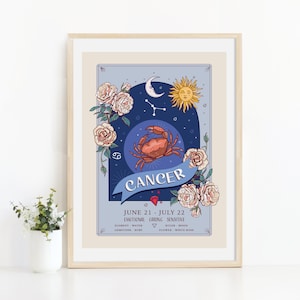 Cancer Wall Art Print, Zodiac Sign and Flowers Illustration Print