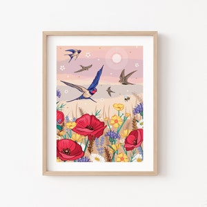 Swifts and Swallows Wall Art Print, Summer Birds Flying over Poppies Illustration Print