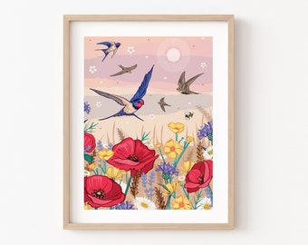 Swifts and Swallows Wall Art Print, Summer Birds Flying over Poppies Illustration Print