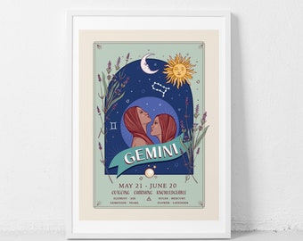Gemini Wall Art Print, Zodiac Sign and Flowers Illustration Print