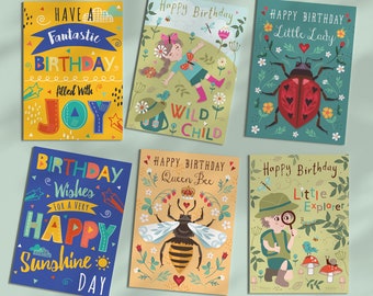 Set of 6 Children's Birthday Cards, Nature Themed Cards