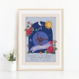 Puede incluir: Un p&oacute;ster ilustrado azul y beige con un escorpi&oacute;n, estrellas, un sol y una luna creciente. El p&oacute;ster tiene el texto "Scorpio" y "22 de octubre - 21 de noviembre".