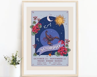 Scorpio Wall Art Print, Zodiac Sign and Flowers Illustration Print