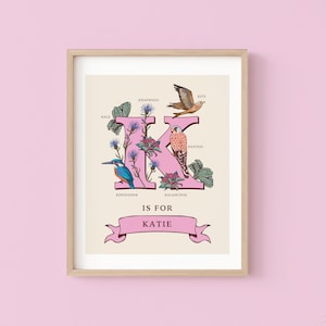 Impressão personalizada da letra K, arte de parede com a inicial K, ilustração do monograma do guia da natureza
