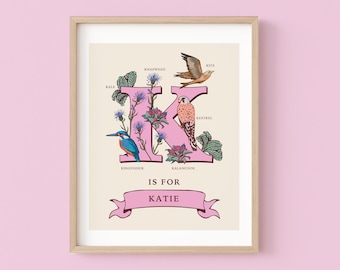 Personalised Letter K Print, Initial K Wall Art, Nature Guide Monogram Illustration