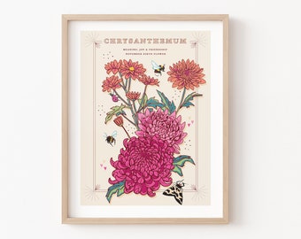 Chrysanthemum Wall Art Print, November Birth Flower Illustration Print