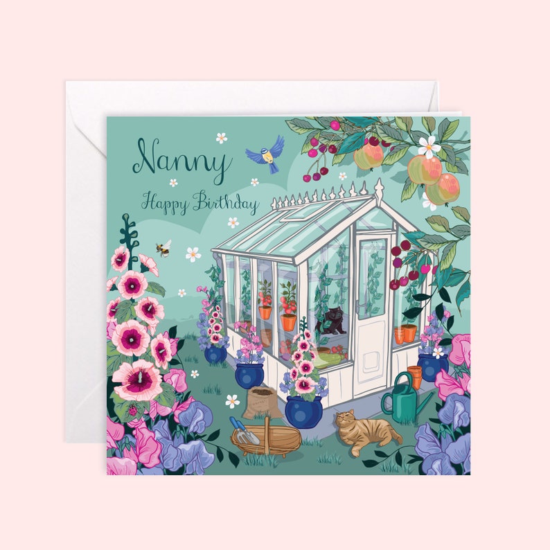 Happy Birthday Nanny Card, bright floral, cats in the greenhouse card image 7