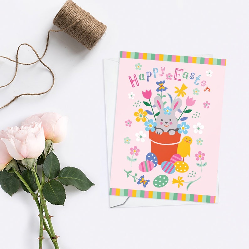 Bright Floral Easter Bunny Card in Pink, Cute Bunny in the Flower Pot image 1