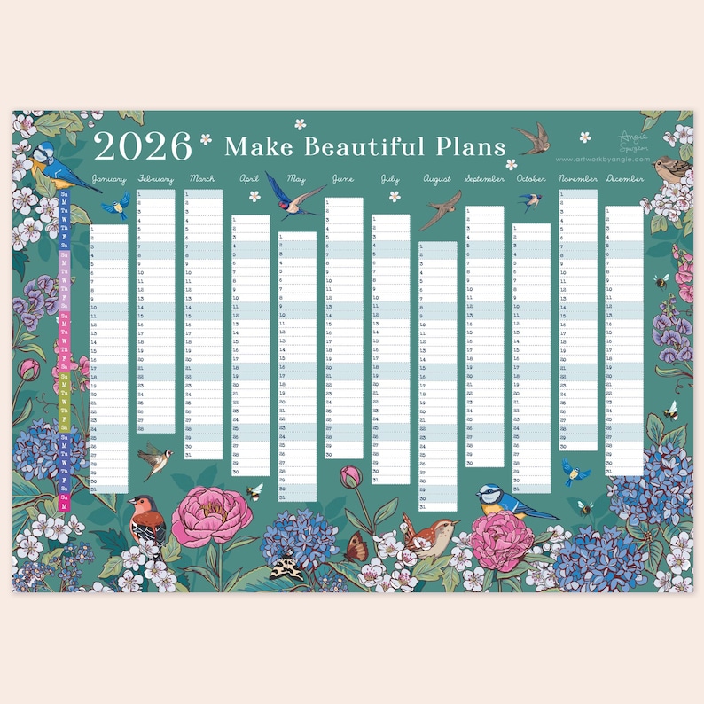 2026 Wall Planner: Flowers & Garden Birds - A2 Year View Calendar image 3