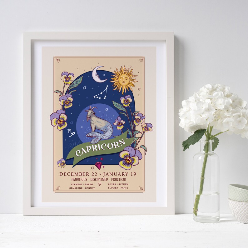 May include: A vintage-style illustration of the Capricorn zodiac sign. The illustration features a goat with a fish tail, a crescent moon, a sun, and a constellation of stars. The background is a dark blue with a light brown border. The illustration is surrounded by purple and yellow pansies.
