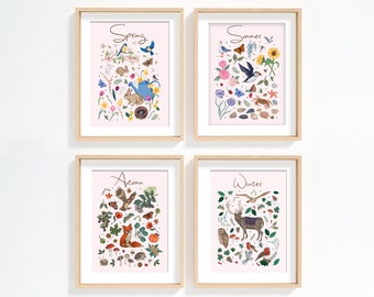 Four Seasons of Nature Wall Art Print, Spring, Summer, Autumn & Winter Prints set of 4