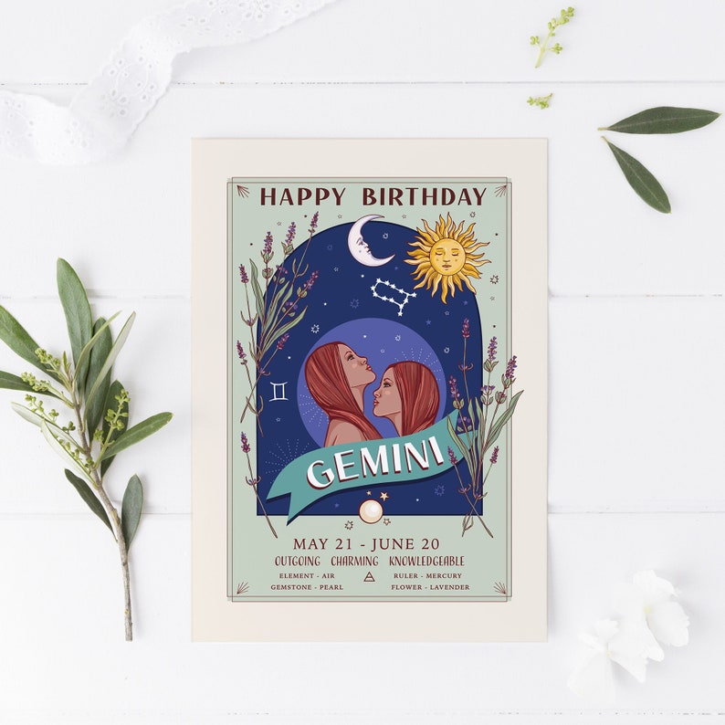 Gemini Birthday Card, Happy Birthday Zodiac Star Sign Large A5 Card image 2