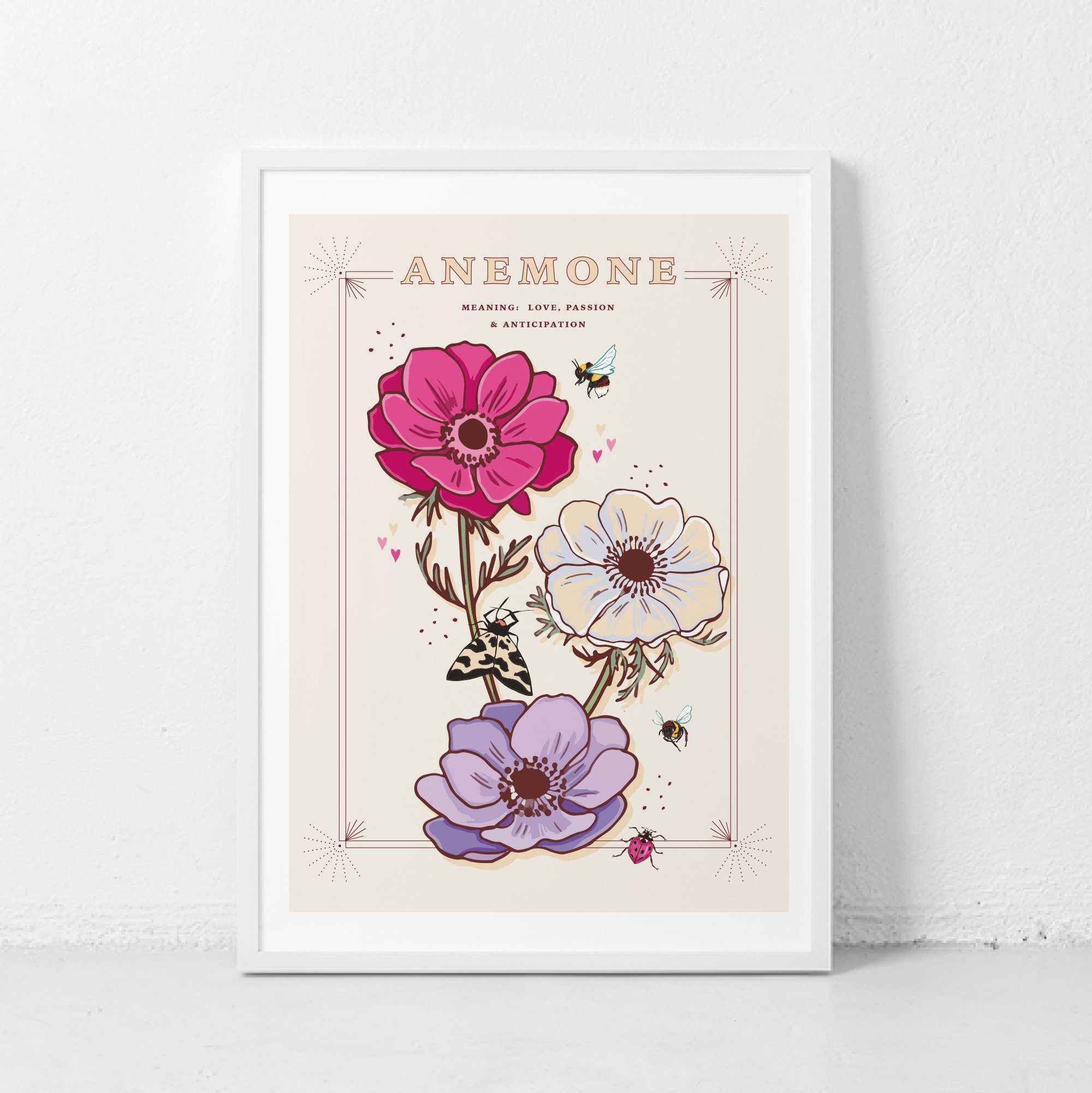 Anemone Flowers Wall Art Print, Flower Meaning Illustration Print