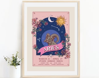 Impresión de arte mural de Aries, ilustración del signo del zodíaco y flores