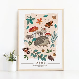 Stampa artistica da parete personalizzata con riccio del bosco per cameretta dei bambini