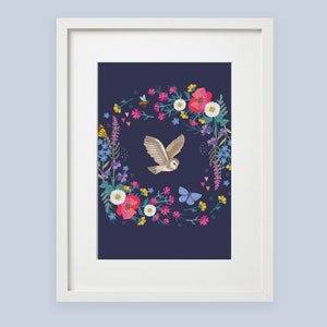 Owl and Wildflower Garland Illustration Print, Botanical Wall Art image 7