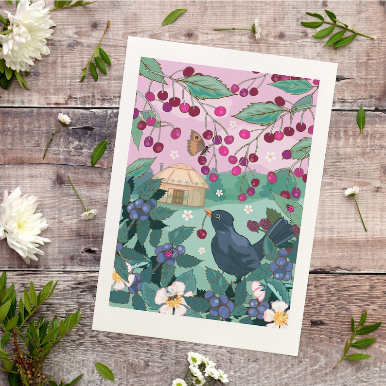 Blackbird Cherry Thief Wall Art Print, Yurt in a Field With a Blackbird in Summer Illustration Print image 2