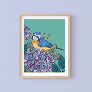Stampa artistica da parete con cinciarella e ortensia