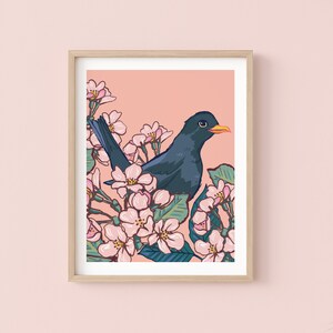 Stampa artistica da parete "Merlo tra i ciliegi in fiore"