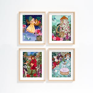 Set di 4 stampe artistiche da parete per la cameretta dei bambini, tema: Fiabe