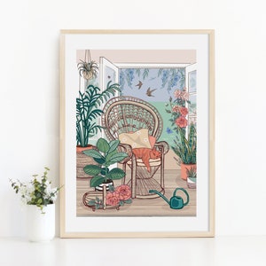 Ginger Katze und Zimmerpflanzen Kunst Druck, Süße Katze in einem Pfau Stuhl Illustration Druck