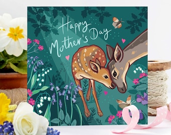 Happy Mother's Day card, cute doe and fawn in bluebell woods card