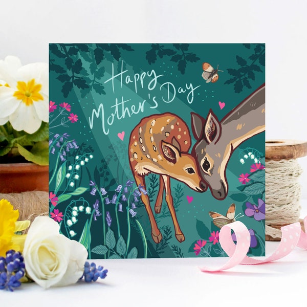 Happy Mother's Day card, cute doe and fawn in bluebell woods card