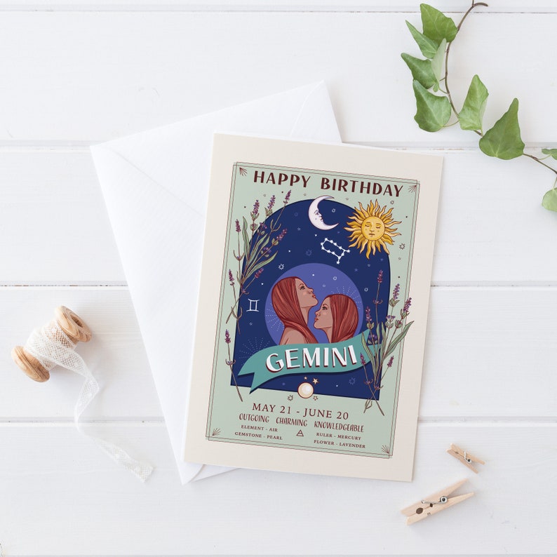 Gemini Birthday Card, Happy Birthday Zodiac Star Sign Large A5 Card image 3