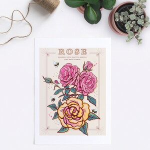 Wall art print of line drawn rose flowers in pink and yellow