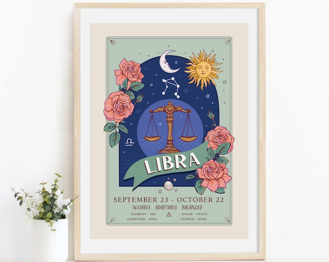 Libra Wall Art Print, Zodiac Sign and Flowers Illustration Print