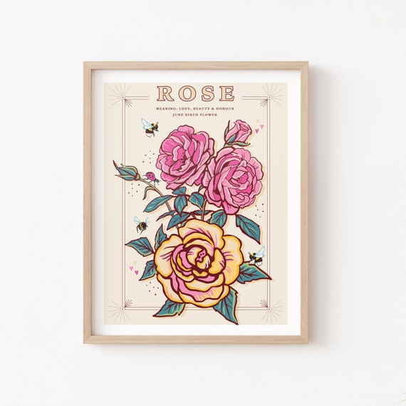 Rose Wall Art Print June Birth Flower Illustration Print | Etsy