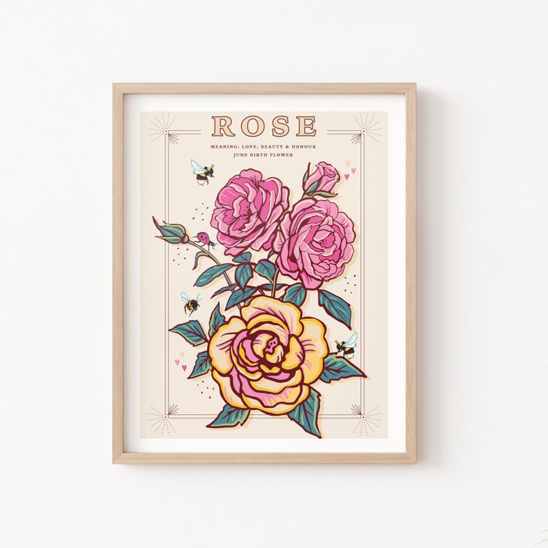 Wall art print of line drawn rose flowers in pink and yellow