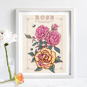 Wall art print of line drawn rose flowers in pink and yellow