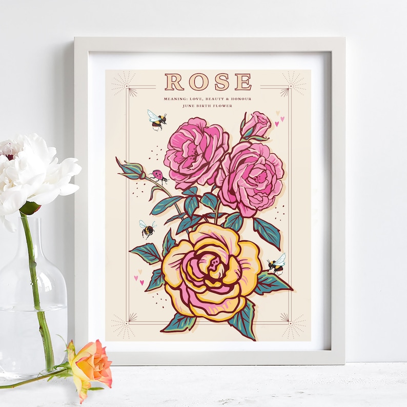Wall art print of line drawn rose flowers in pink and yellow