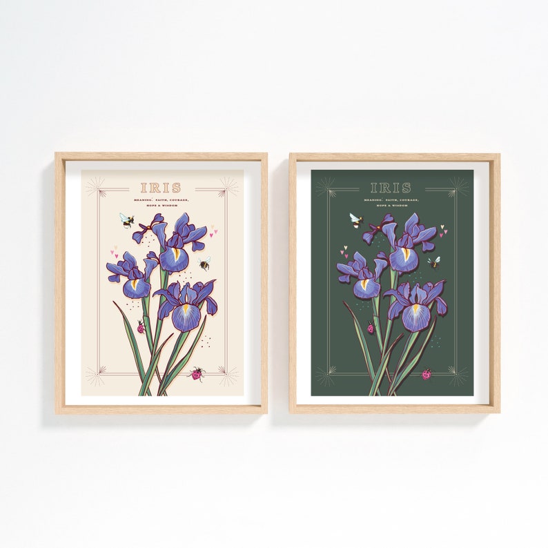 Wall art print of line drawn iris flowers in blue and purple