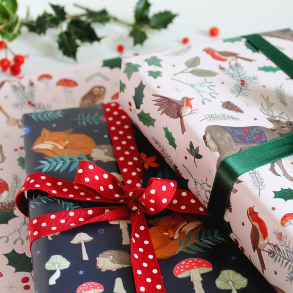 Woodland Wildlife Christmas Gift Wrap With Tag, Festive Reindeer