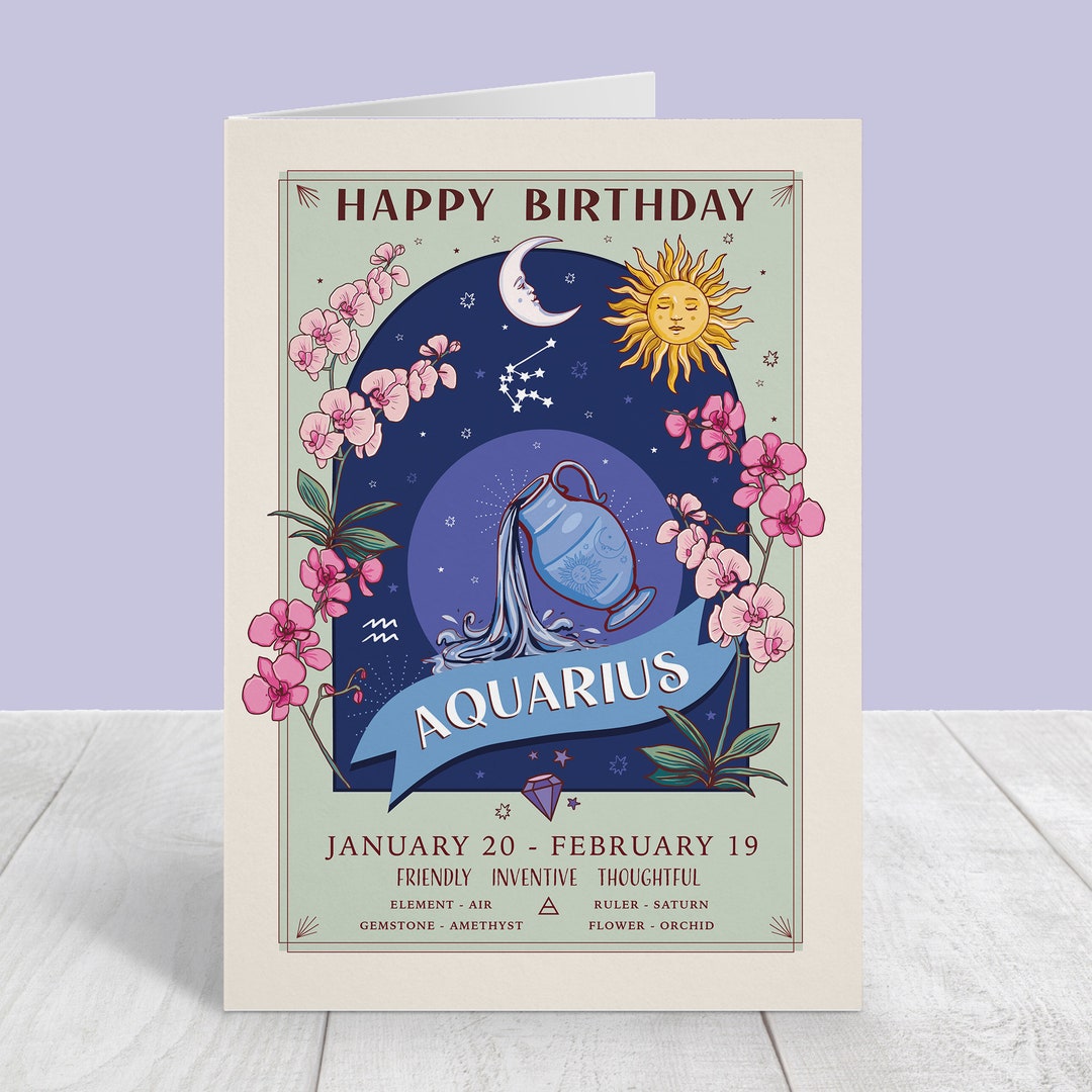 Aquarius Birthday Card, Happy Birthday Zodiac Star Sign Large A5 Card