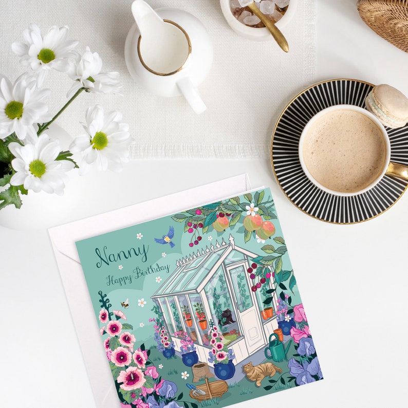 Happy Birthday Nanny Card, bright floral, cats in the greenhouse card image 9