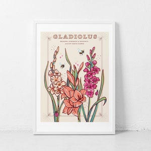 Wall art print of line drawn Gladiolus flowers in orange and pink. August birth flower