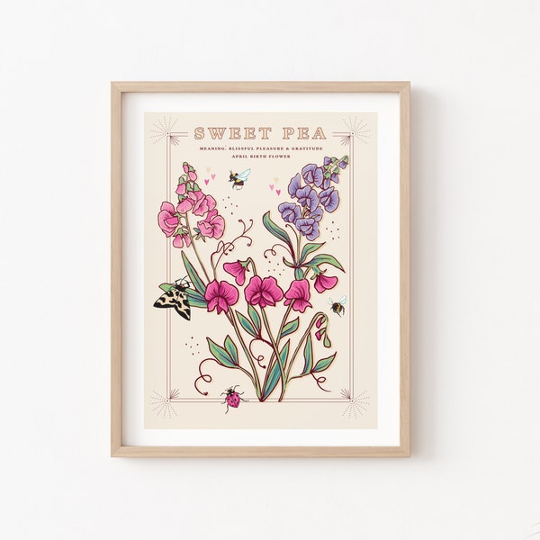 Sweet Pea Wand Kunst Druck, April Geburt Blume Illustration Druck